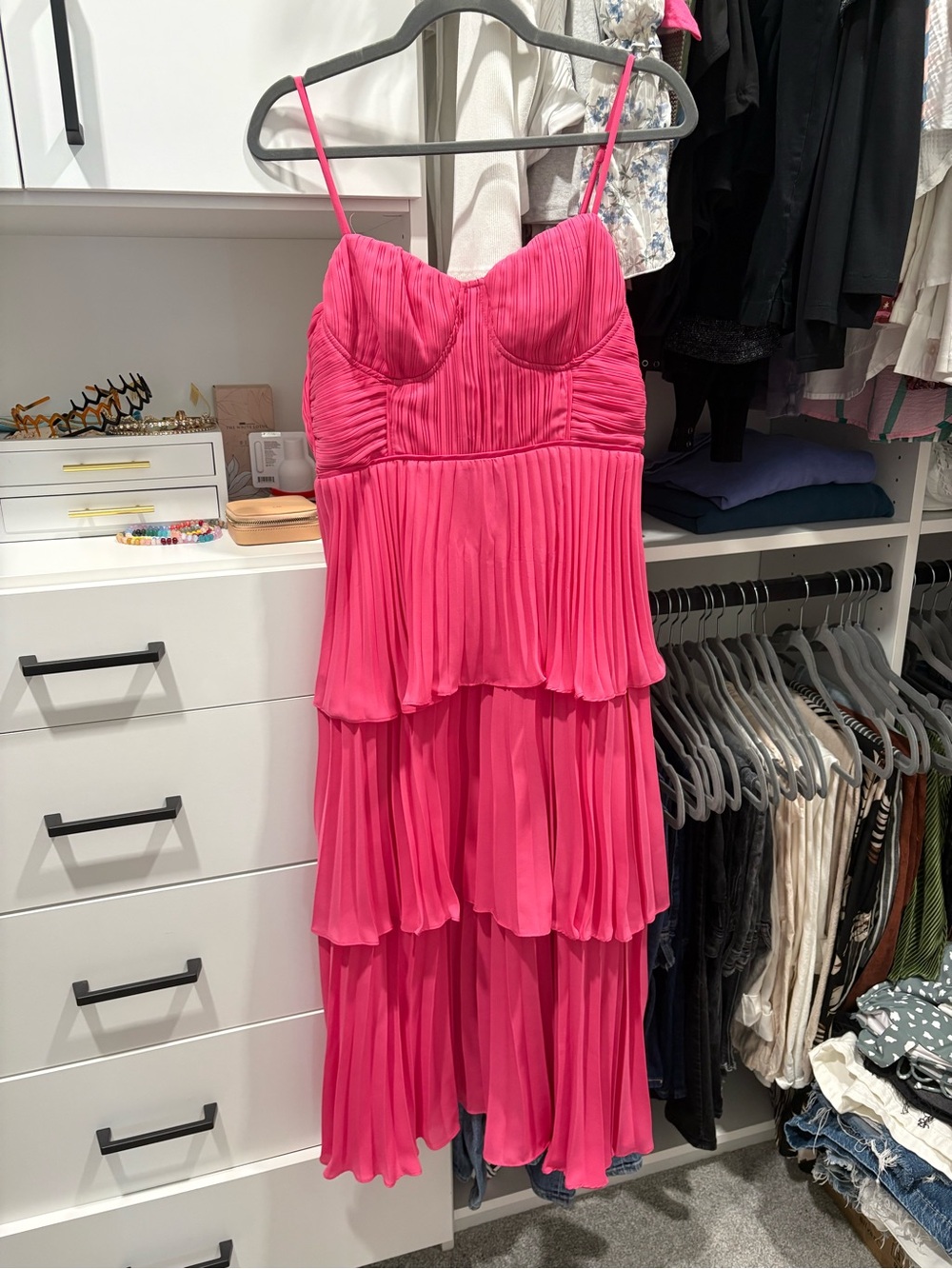 Lulu's Hot Pink Pleated Tiered Midi Dress